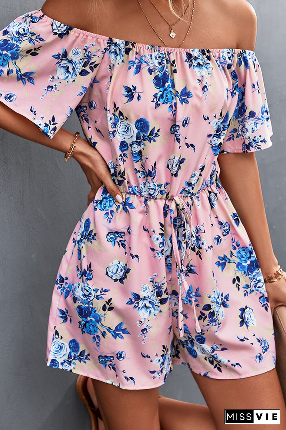 Floral Print Off Shoulder Shorts Jumpsuit Wholesale