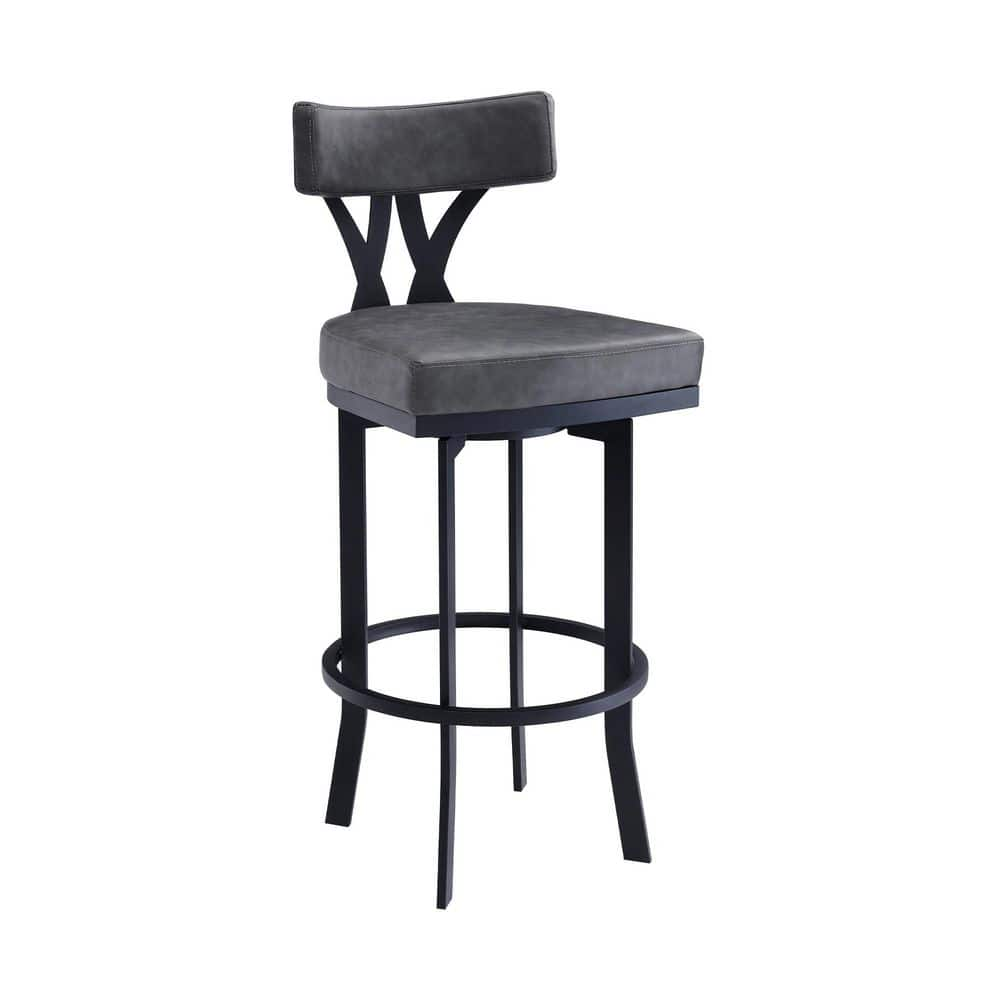 Armen Living Natalie Contemporary 30 in. Bar Height Bar Stool in Black Powder Coated and Vintage Grey Faux Leather LCNTBABLVG30