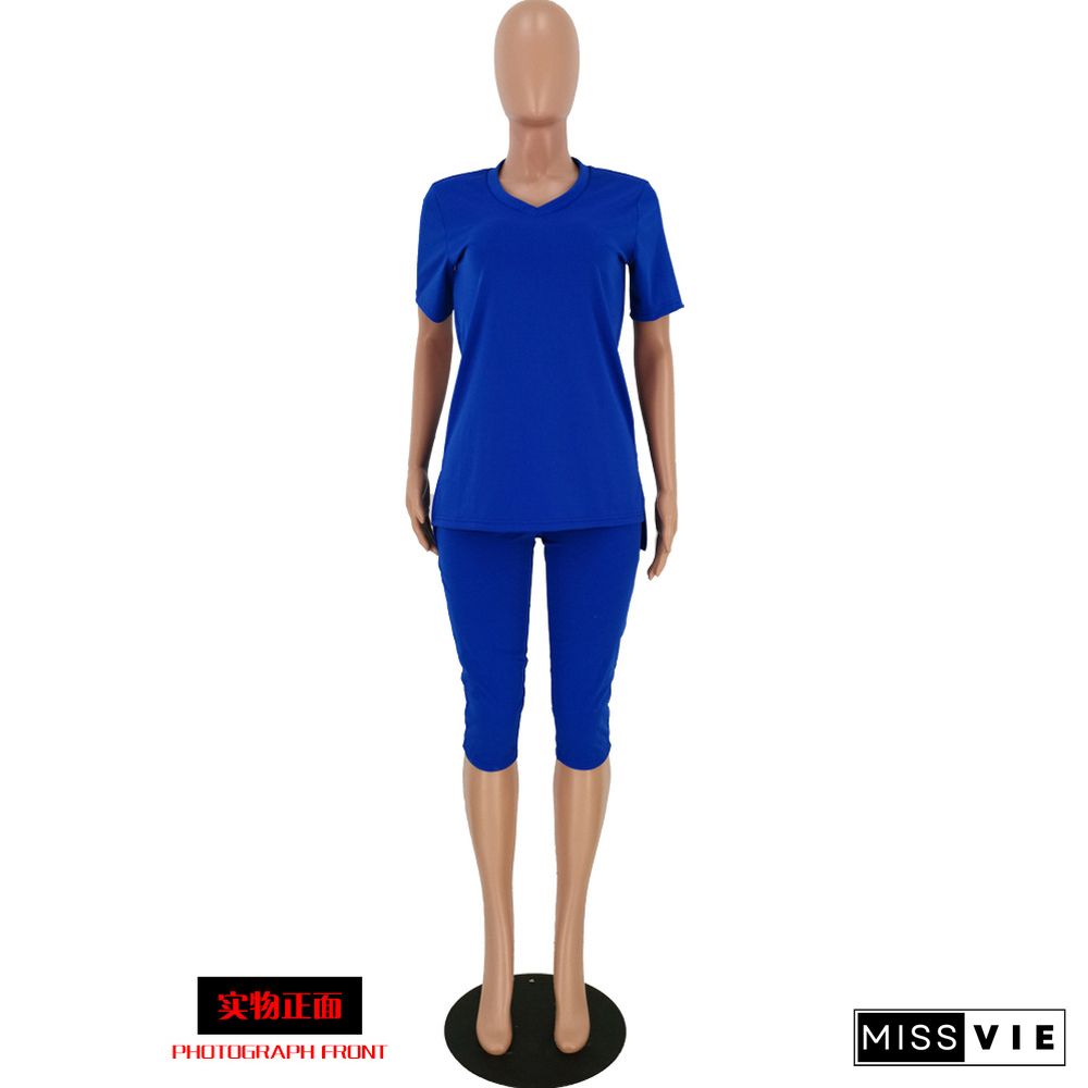 Leisure Blue Short Sleeve T-shirt And Cropped Trousers 2 Pieces Outfits