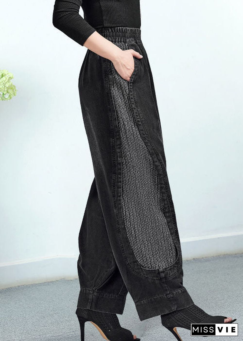 Women Black Elastic Waist Pockets Patchwork Cotton Pants Trousers Fall