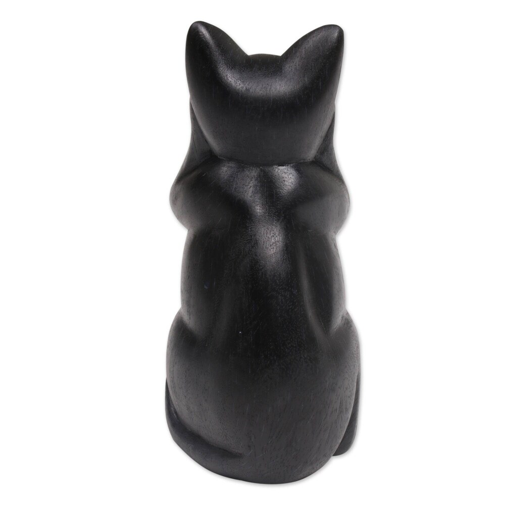 Novica Handmade Kitty Hears No Evil Wood Sculpture