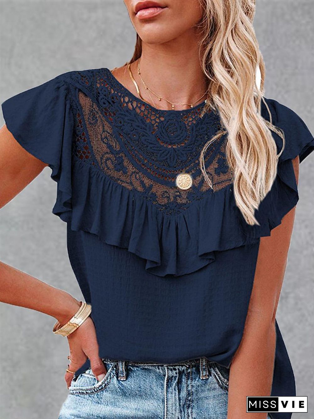 Fashion Lace Ruffle Short Sleeve T-Shirt