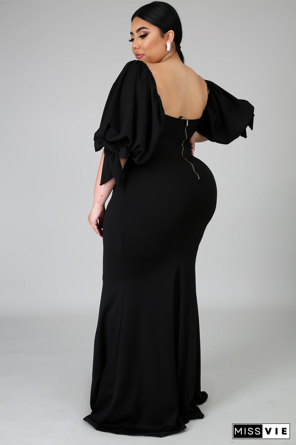 Black Bow Tie Puff Sleeve Plus Size High Slit Maxi Dress