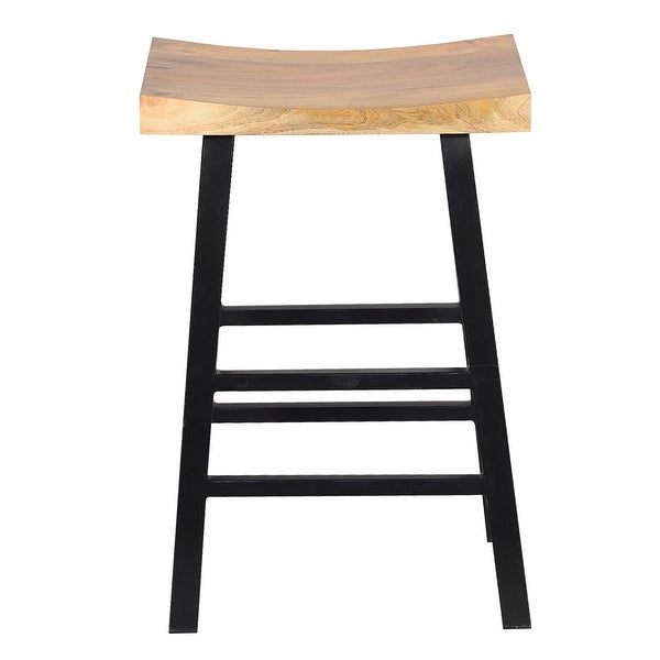 30 Inch Barstool with Saddle Style Wood Seat， Ladder Base， Brown and Black