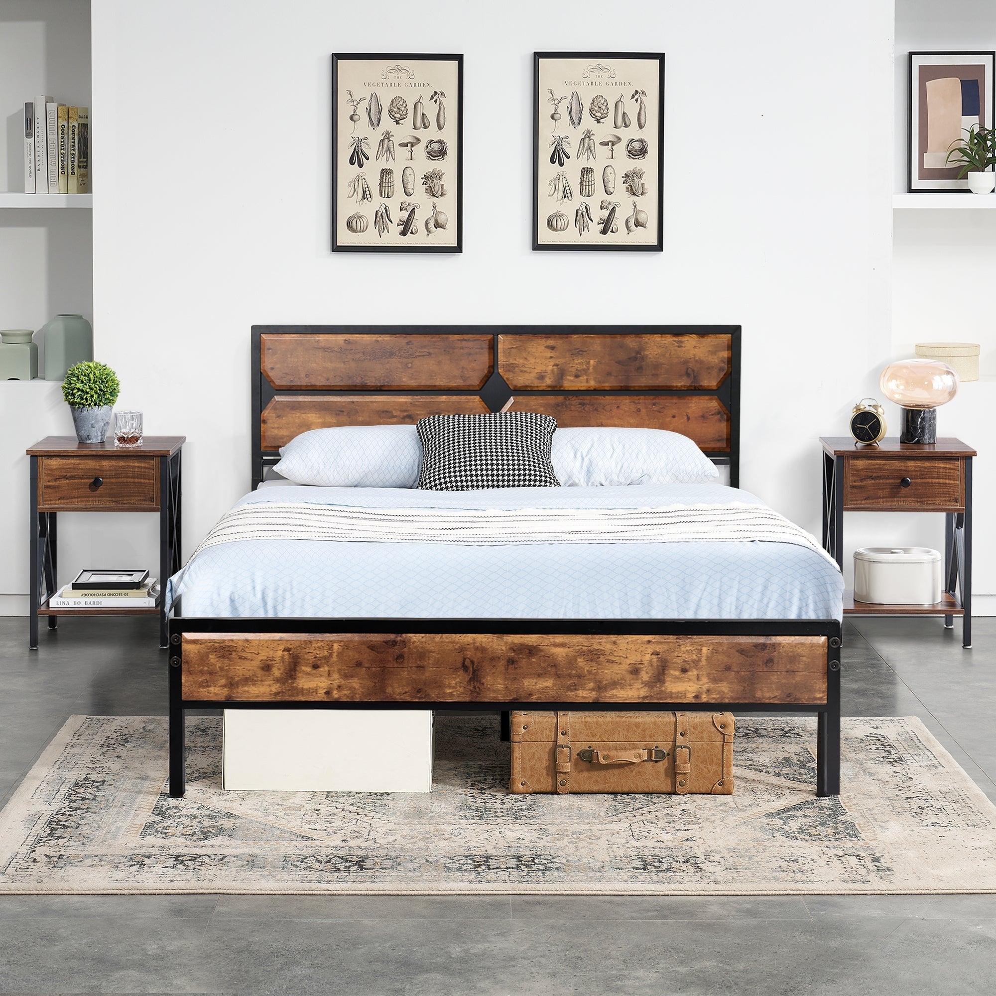 Industrial 3-Piece Platform Bed Frame and Charging Station USB Port Nightstands Set of 2 Rustic Brown - - 36714347