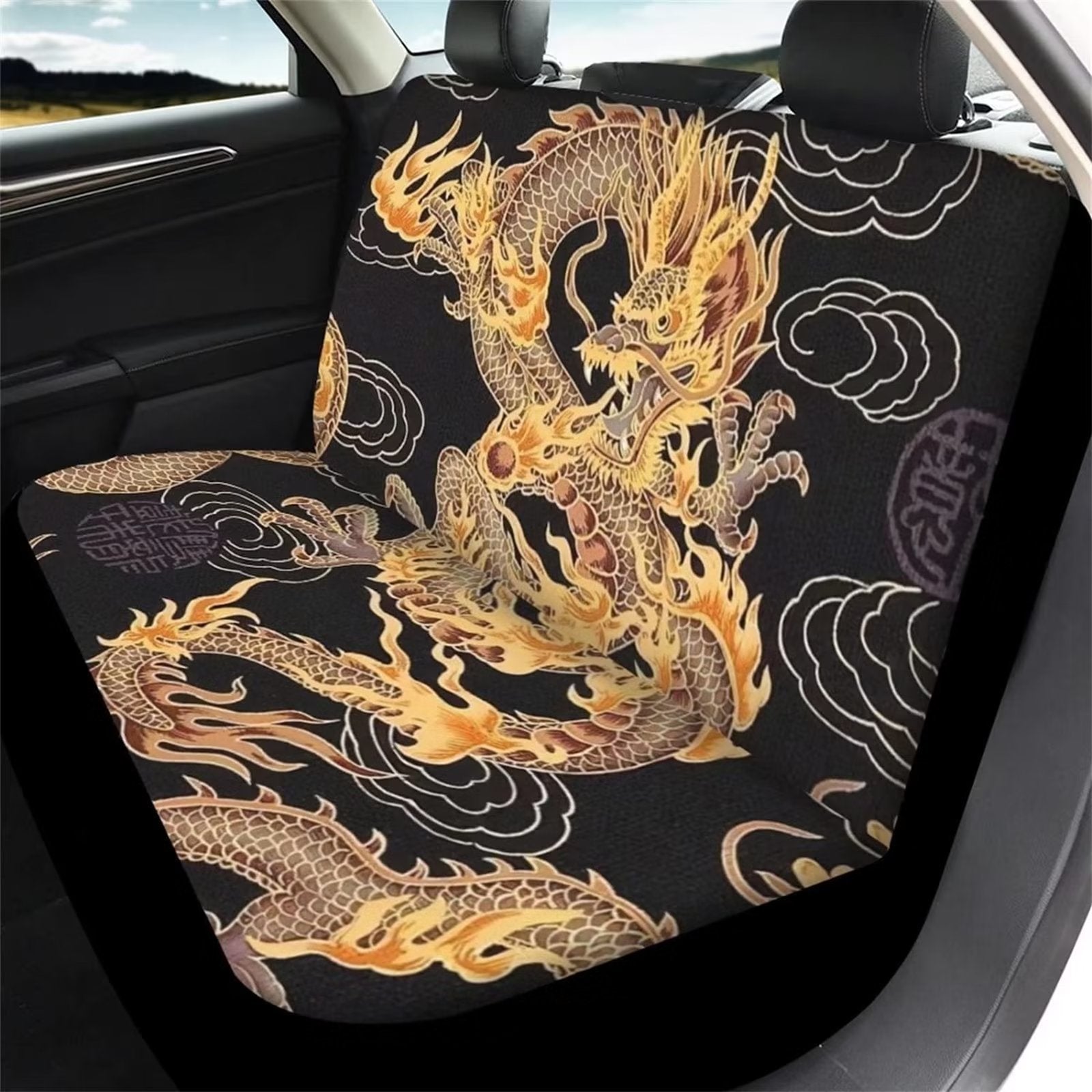 FKELYI Golden Dragon Pattern Car Seat Covers，Easy to Install and Clean 2pcs Split Bench Seat Covers+2pcs Rear Bottom Bench Covers Protectors Set for Almost Vehicle Cars