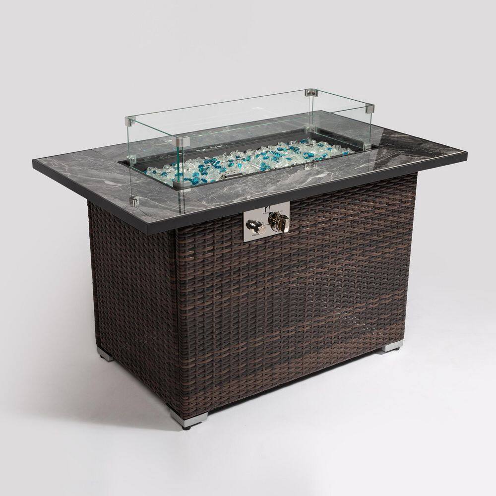 43.3 in. Outdoor Wicker Fire Pit Table with Lid Blue Glass Beads and Glass Wind Guard ZHY85343036