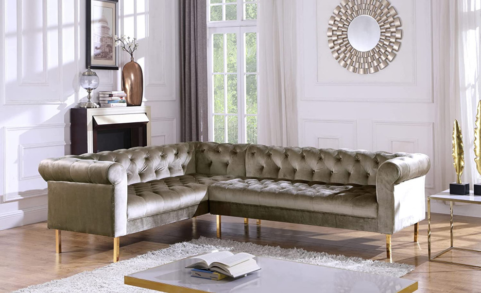 Transitional Sectional Sofa  Button Tufted Velvet Seat With Rolled Arms  Taupe   Contemporary   Sectional Sofas   by Decor Love  Houzz