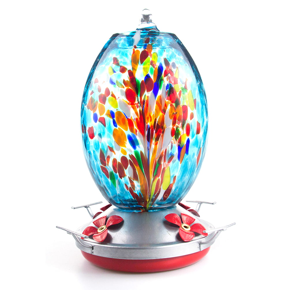 Muse Garden Hummingbird Feeder for Outdoors， Hand Blown Glass， 25 Ounces， Containing Ant Moat， Fireworks