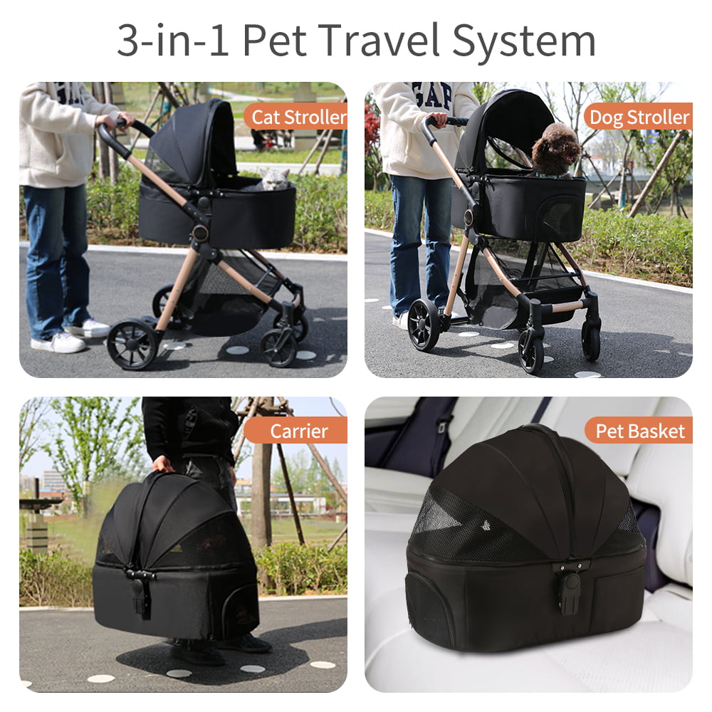 B.Childhood Pet Stroller for Medium Small Dog/Cat with Storage Basket，Black