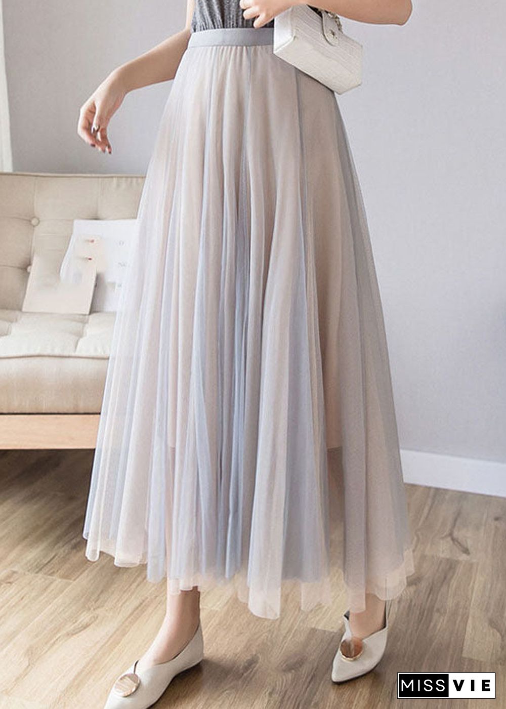 Layered Grey Pink Elastic Waist Tulle A Line Skirt Fall