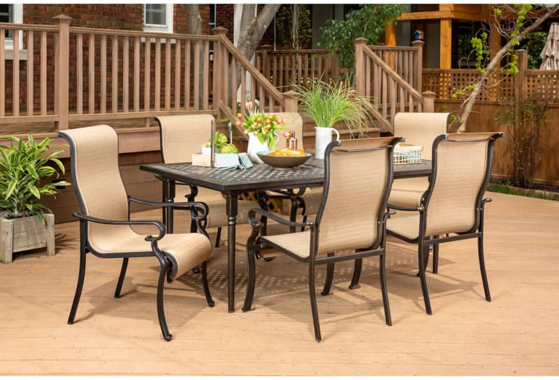 Hanover Brigantine 7-Piece Outdoor Dining Set In Cast/Tan With 6 Sling Dining Chairs， Expandable Cast Dining Table