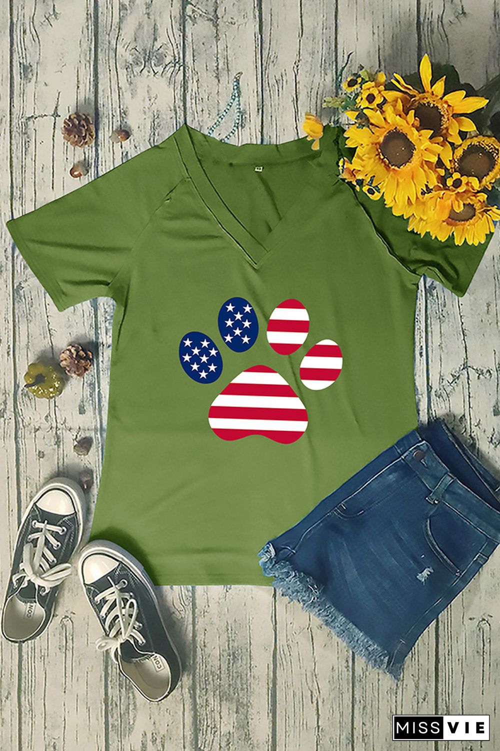 American Dog US Flag Print V Neck Graphic Tee