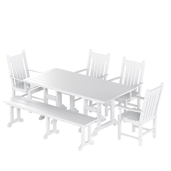 Polytrends Laguna Hdpe All Weather Outdoor Patio Dining Set with Rectangle Table，Arm Chairs and Bench (6Piece Set)