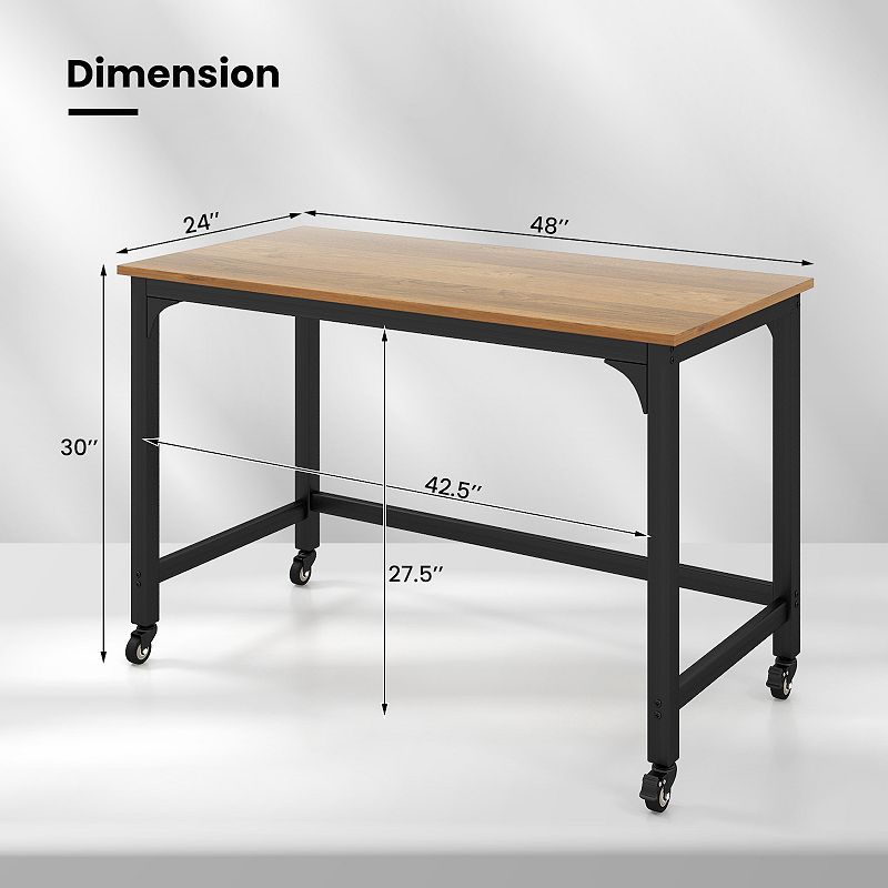 48 Rolling Computer Desk With Heavy-duty Metal Frame For Home And Office-Natural