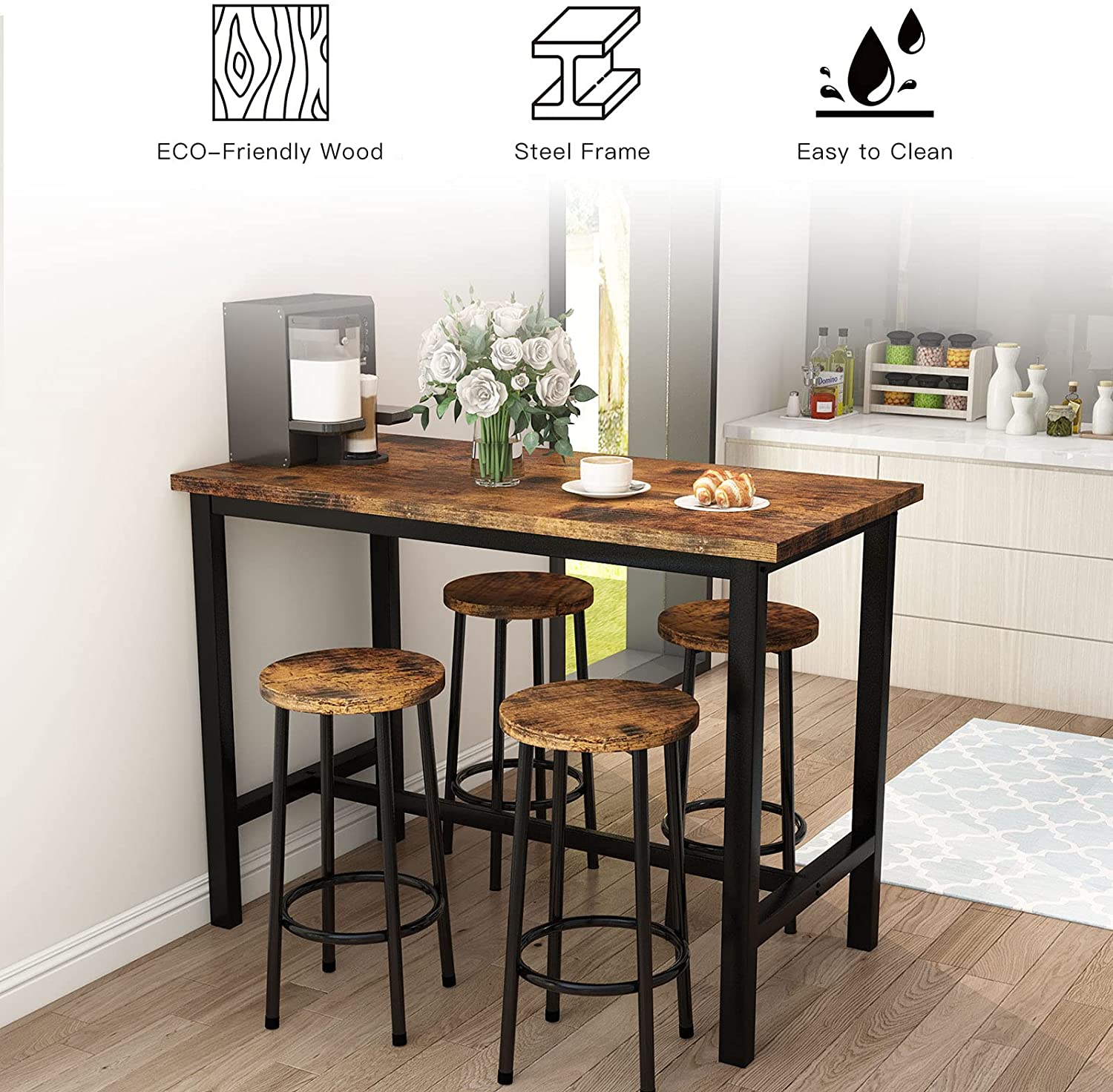 Recaceik Bar Table and Chairs Set, Industrial Counter 35.62 Height Pub Table with 4 Chairs Bar Table Set, 5 Pieces Dining Table Set Home Kitchen Breakfast Table