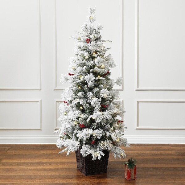 4.5Ft PreLit Snow Flocked Full Pine Potted Artificial Christmas Tree