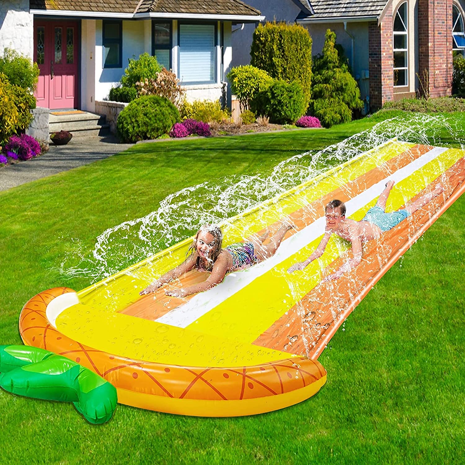 16.1ft x 76In Lawn Water Slides Slip for Kids, Double Race Pineapple Slip Slide Play Center Splash Sprinkler Inflatable Crash Pad for Children Summer Backyard Swimming Pool Games Outdoor Water Toys