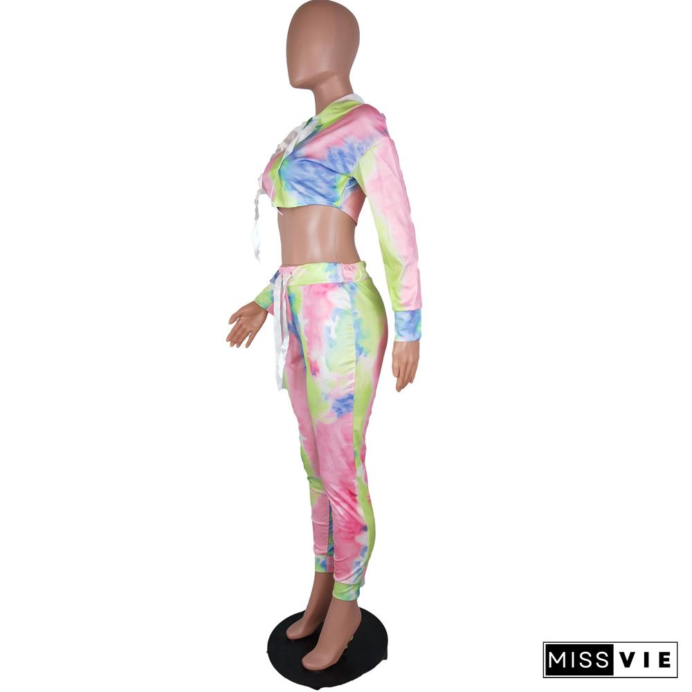 Tie Dye Print Hooded Crop Top Skinny Pants Set