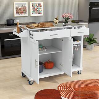 Nestfair 51 in. W White Kitchen Island with Stainless Steel Top and Storage Cabinet CKK5114W