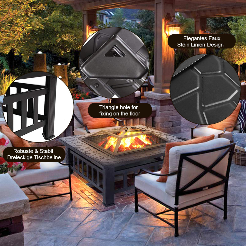 FDW 32" Outdoor Metal firepit for Patio Wood Burning Fireplace Square Garden Stove with Charcoal Rack, Poker & Mesh Cover for Camping