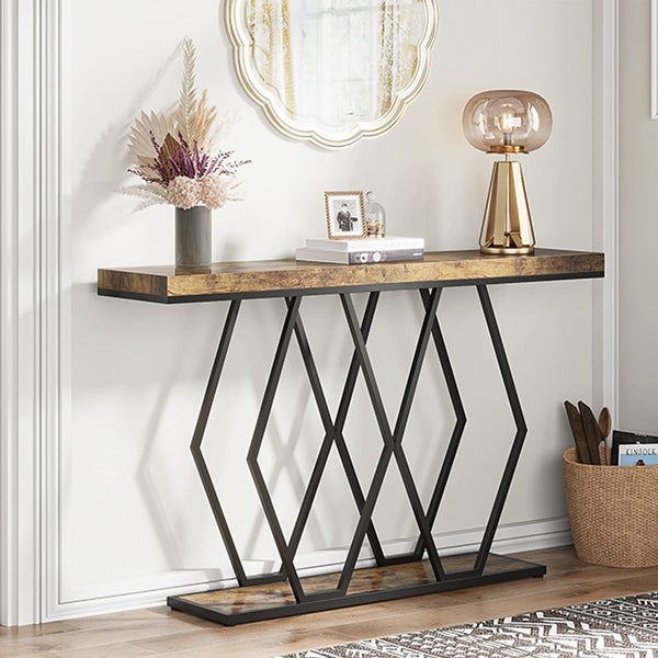 55 Inch Gold Console Table， Modern Entryway Sofa Table with Fuax Marble Finish