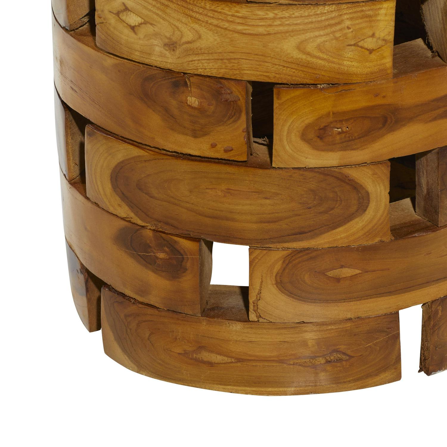 DecMode Brown Contemporary Round Stacked Brick Style Wood Accent Table， 14 W x 18 H