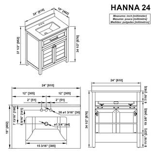 Home Decorators Collection Hanna 24 in. W x 19 in. D x 34.50 in. H Freestanding Bath Vanity in White with White Engineered Stone Top Hanna 24W