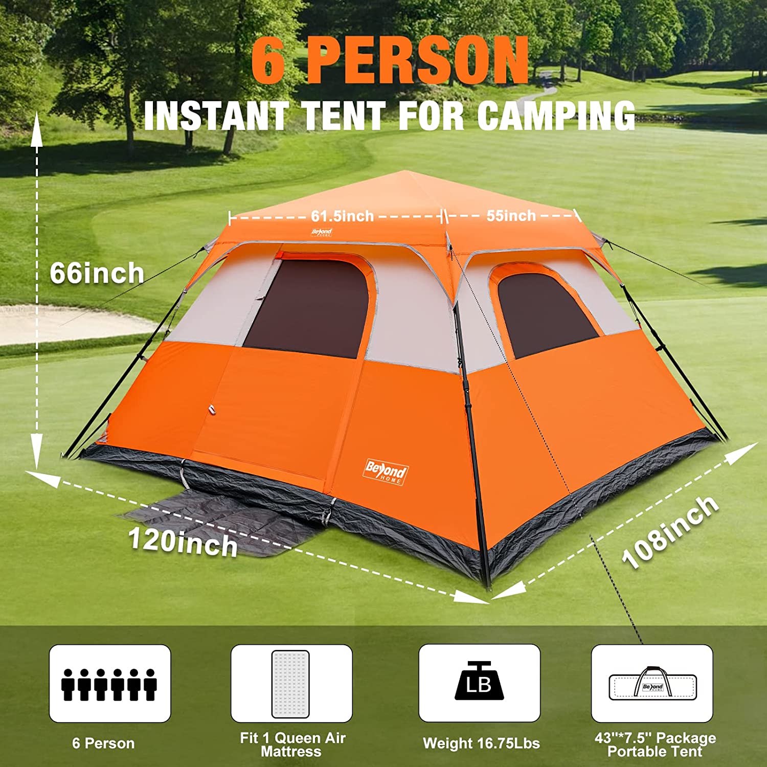 BeyondHOME 6-Person Camping Tent， for Family Camping and Hiking， Upgraded Ventilation