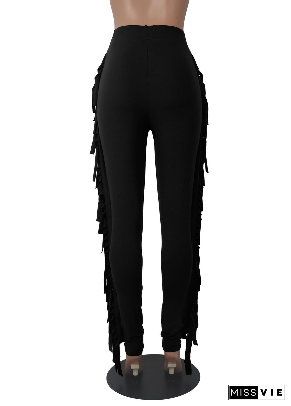 Solid Elastic Waist Side Tassel Casual Pencil Pants