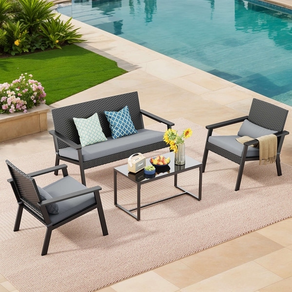 4 Pieces Patio Furniture Set with Deep Seat Cushions，Wicker Parlor Set with Table