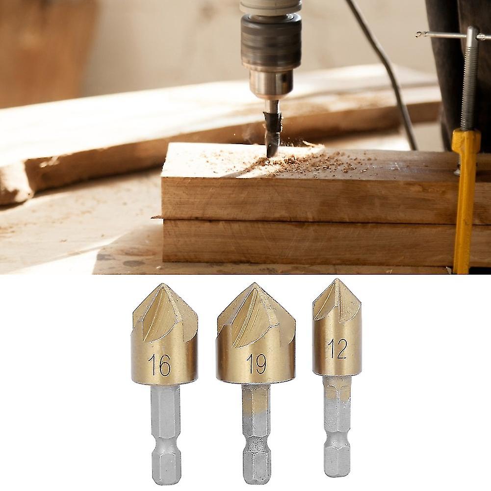 3PCs Chamfer Cutter Woodworking Tool High Speed Steel Gold Hex Rod 5-Flute 90° 12mm-19mm