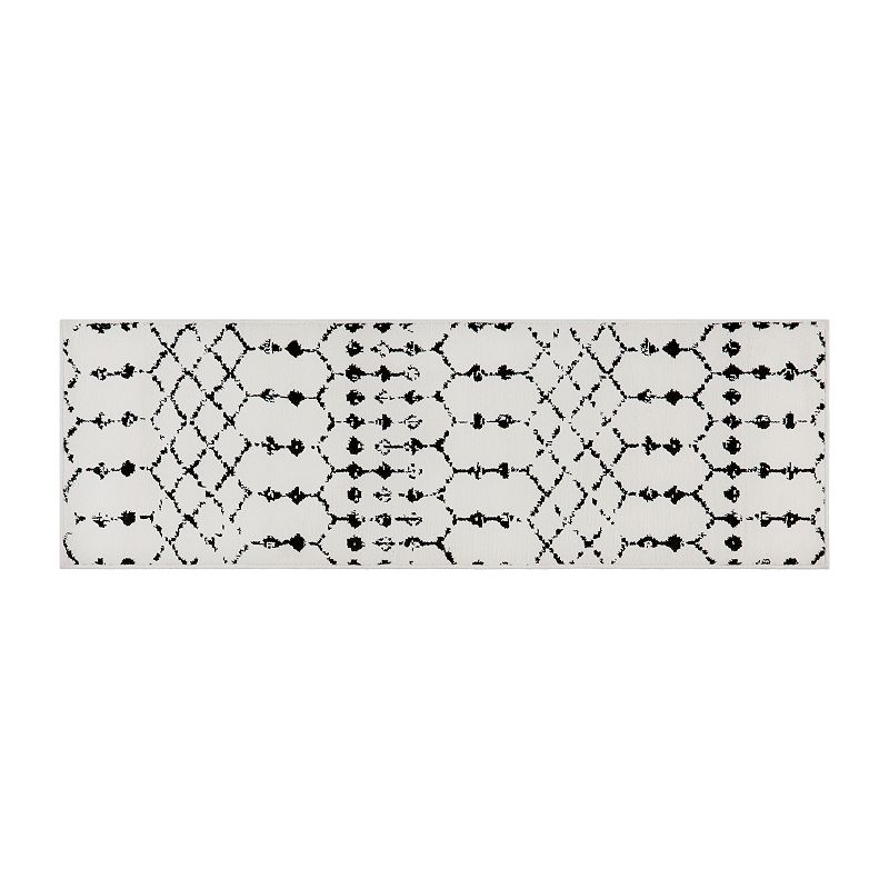 Merrick Lane Ivory Bohemian Low Pile Rug with Black Geometric Design - 2' x 6'