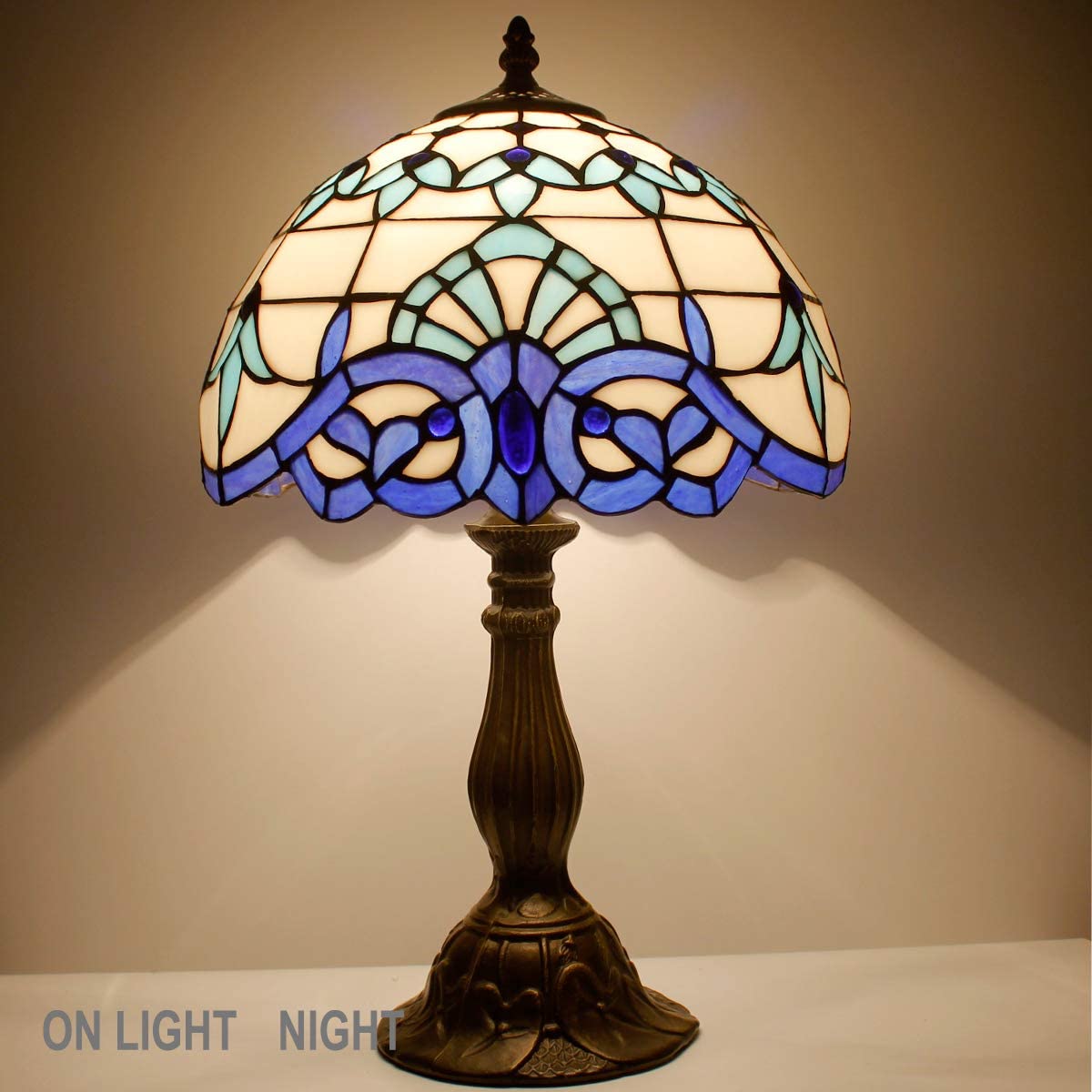 SHADY Tiffany Table Lamp Navy Blue Baroque Stained Glass Style Desk Bedside Reading Light 12X12X18 Inches Decor Bedroom Living Room Home Office S003B Series