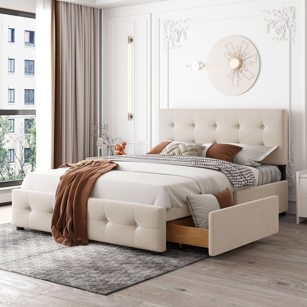 Upholstered Platform Bed with Classic Headboard and 4 Drawers  No Box Spring Needed  Linen Fabric  Queen Size  Light Beige