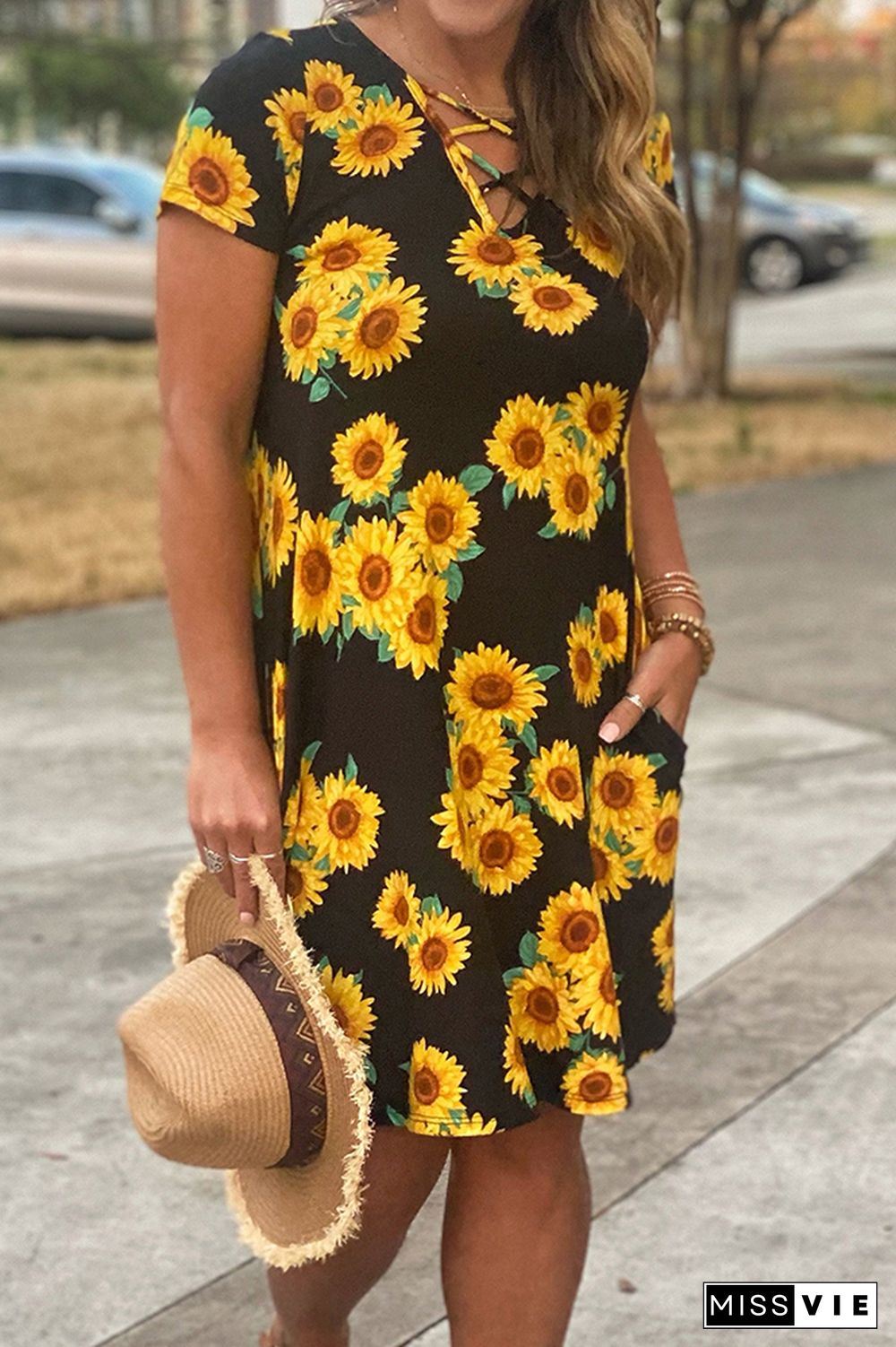 Sunflower Print Criss-cross V-neck Midi Dress