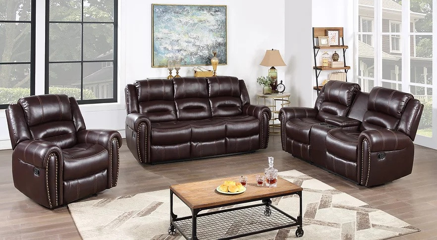 Haarlem 3 Piece Air Leather Reclining Sofa Set Upholstered  Dark Brown   Contemporary   Living Room Furniture Sets   by Hollywood Decor  Houzz