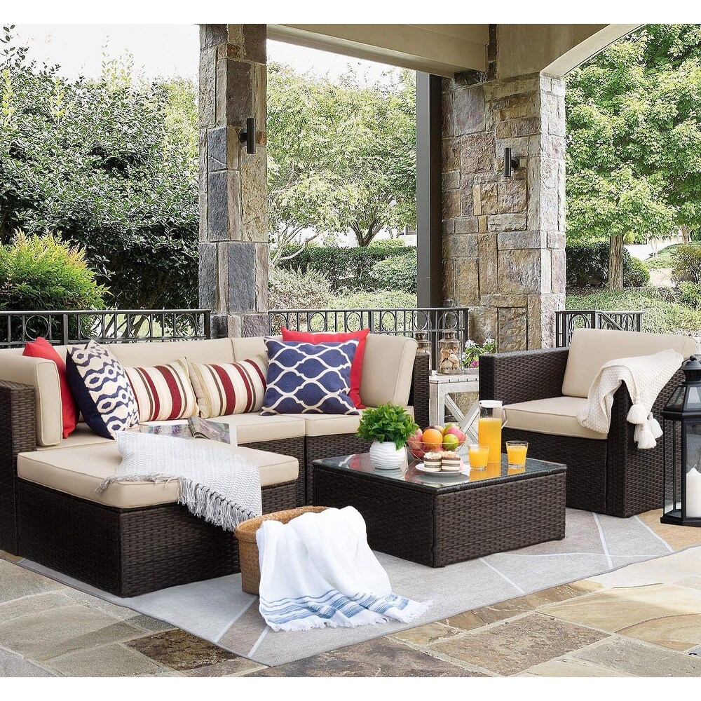 6 piece Cushioned Faux Rattan Patio Sectional Sofa Conversation Set