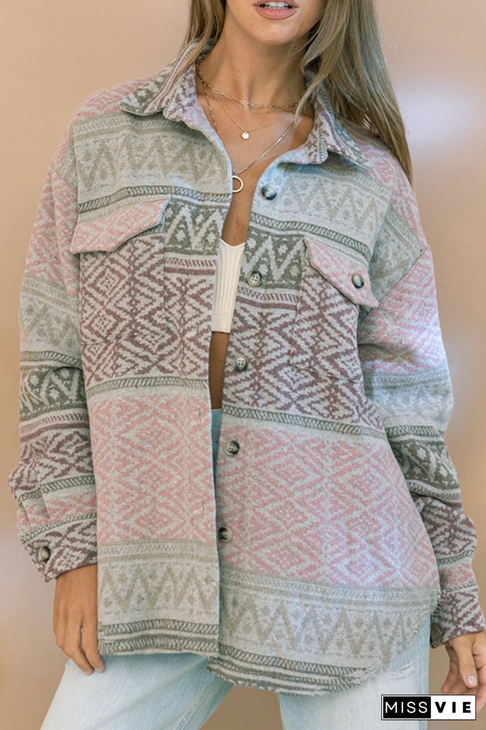 Retro Aztec Front Open Button Pockets Jackets