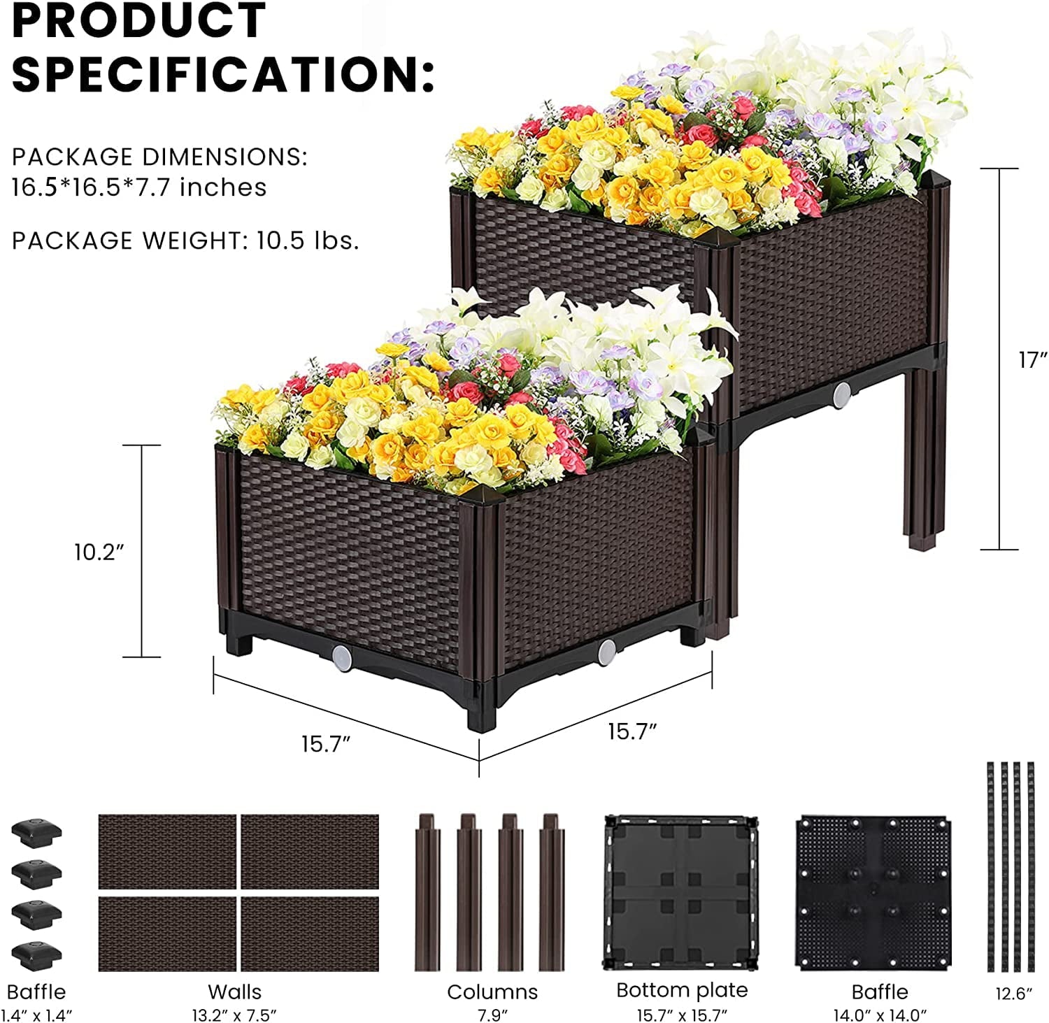 VIVOHOME Elevated Plastic Raised Garden Planter Kit, 17" x 17" x 7"  (2 Pack, Brown)