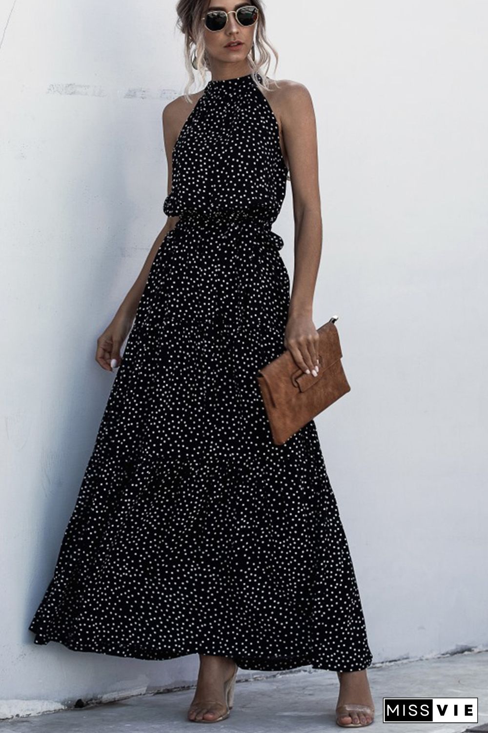 Halter Polka Dot Print Tie Waist Maxi Dress Wholesale