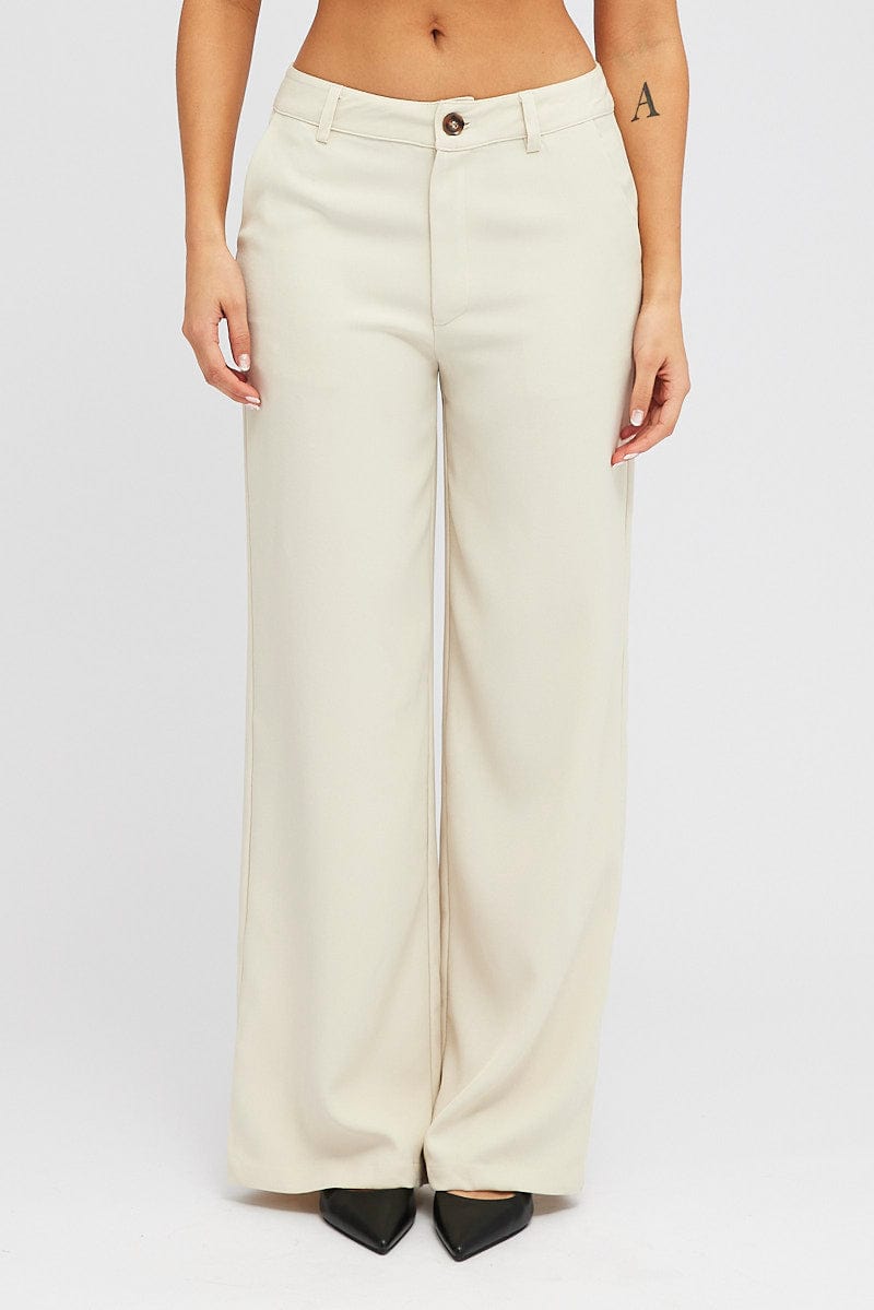 Beige Wide Leg Pants High Rise
