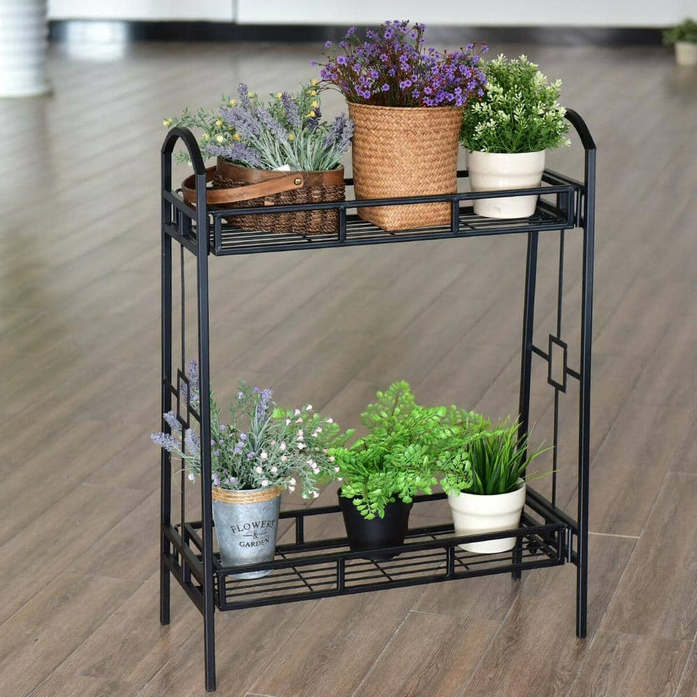 Costway 24 in. L x 11 in. W x 32 in. H Shelves Indoor/Outdoor Black Steel Plant Stand (2-Tier) CYW50215