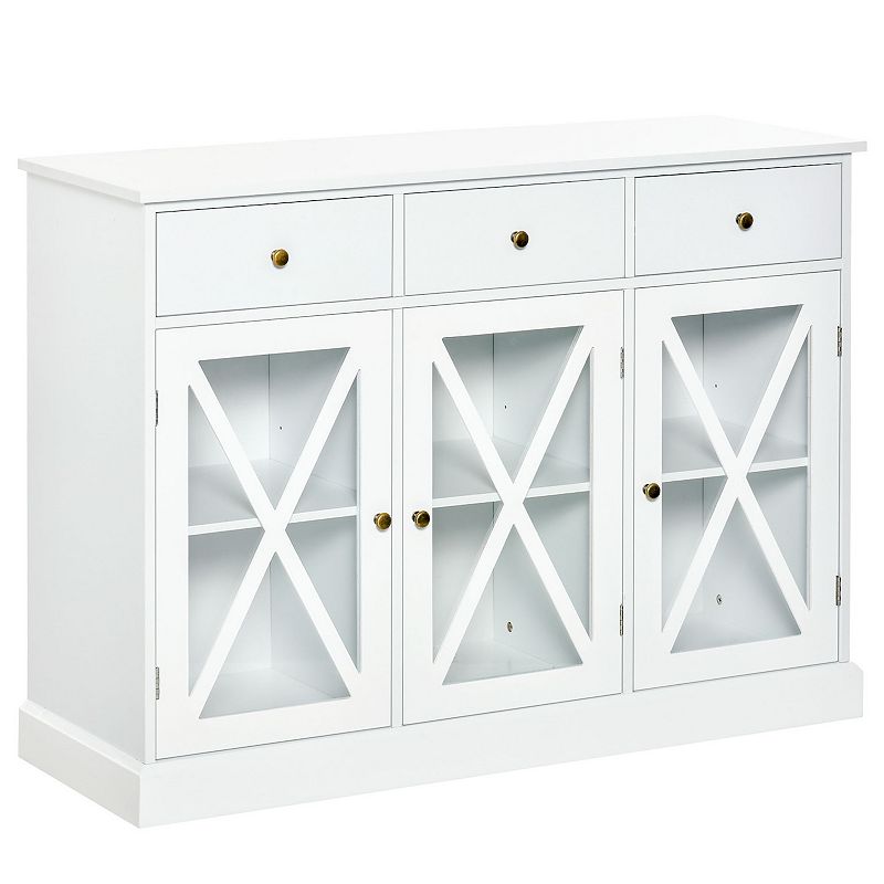 HOMCOM 45 Farmhouse Style Kitchen Sideboard Serving Buffet Storage Cabinet Cupboard with Glass Doors and 3 Drawers White