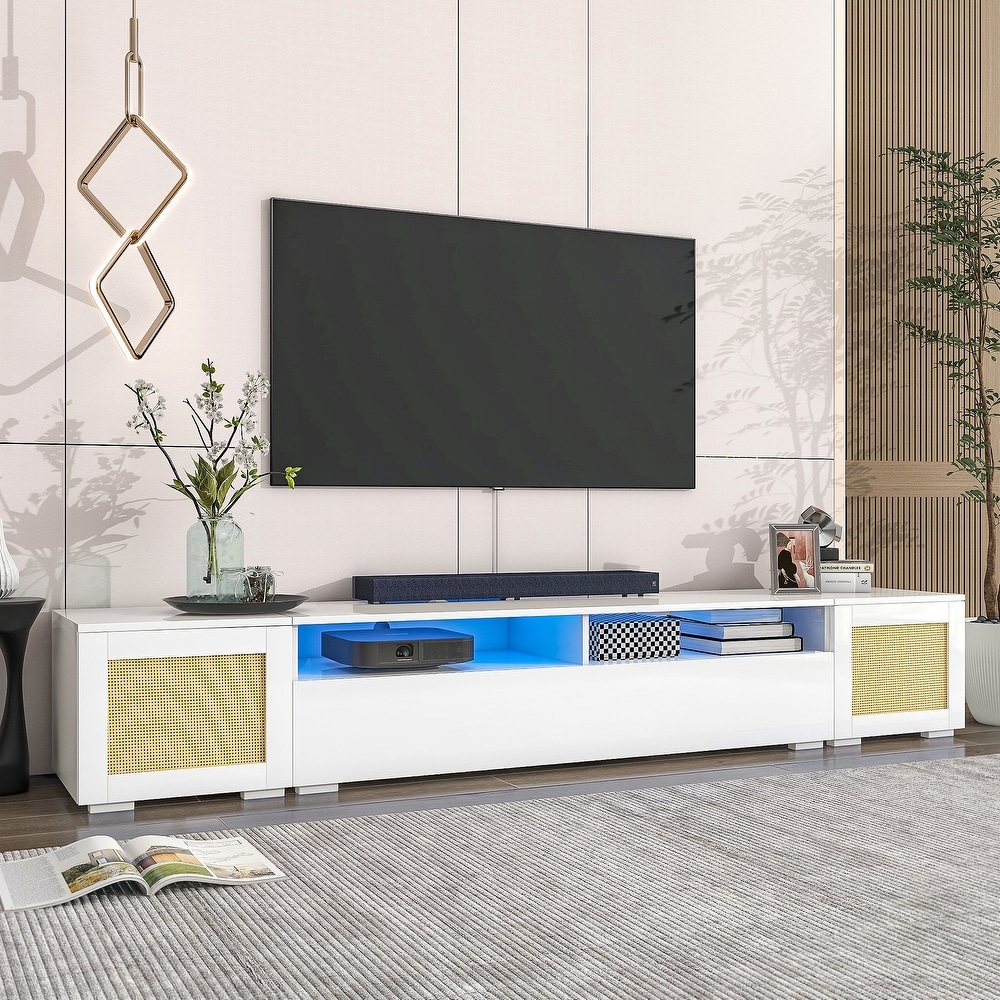 Rattan 3 pics Extended TV Console Table with Push to Open Doors  Color Changing LED Lights