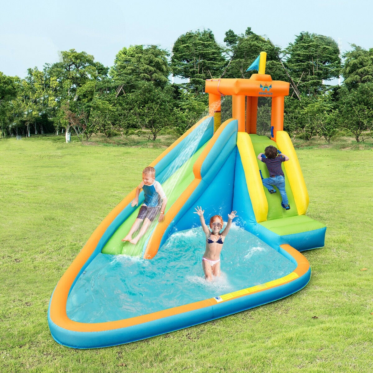 Inflatable Water Slide, Bouncer Pool w/Long Slide (with 740W Air Blower)