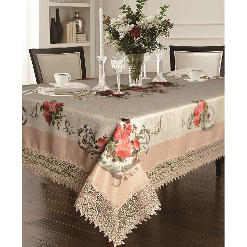 Violet Linen Ascott Printed Decorative with Lace Trimming Pattern Tablecloth