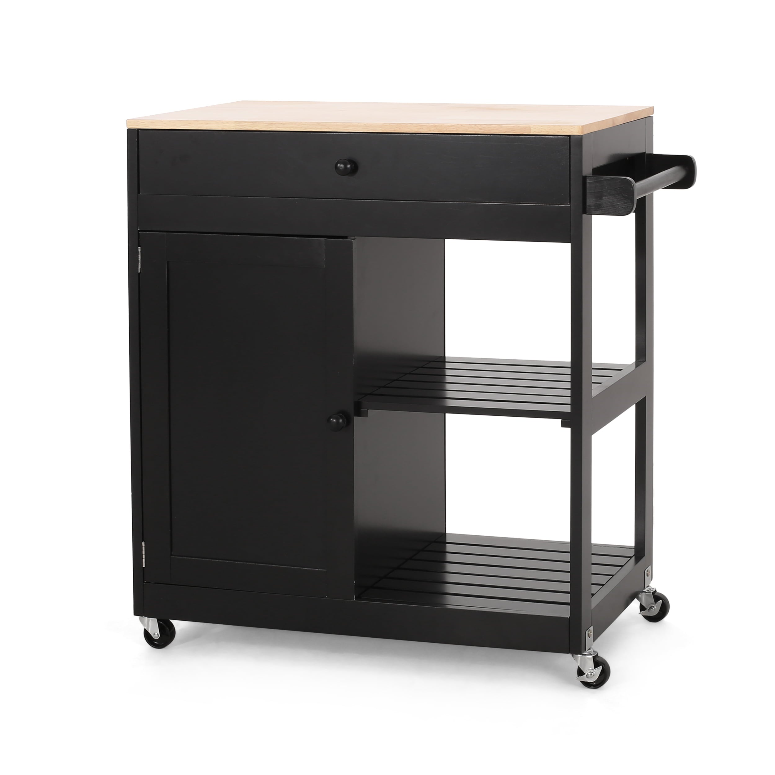 Noble House Tift Wood Kitchen Cart with Wheels， Black and Natural