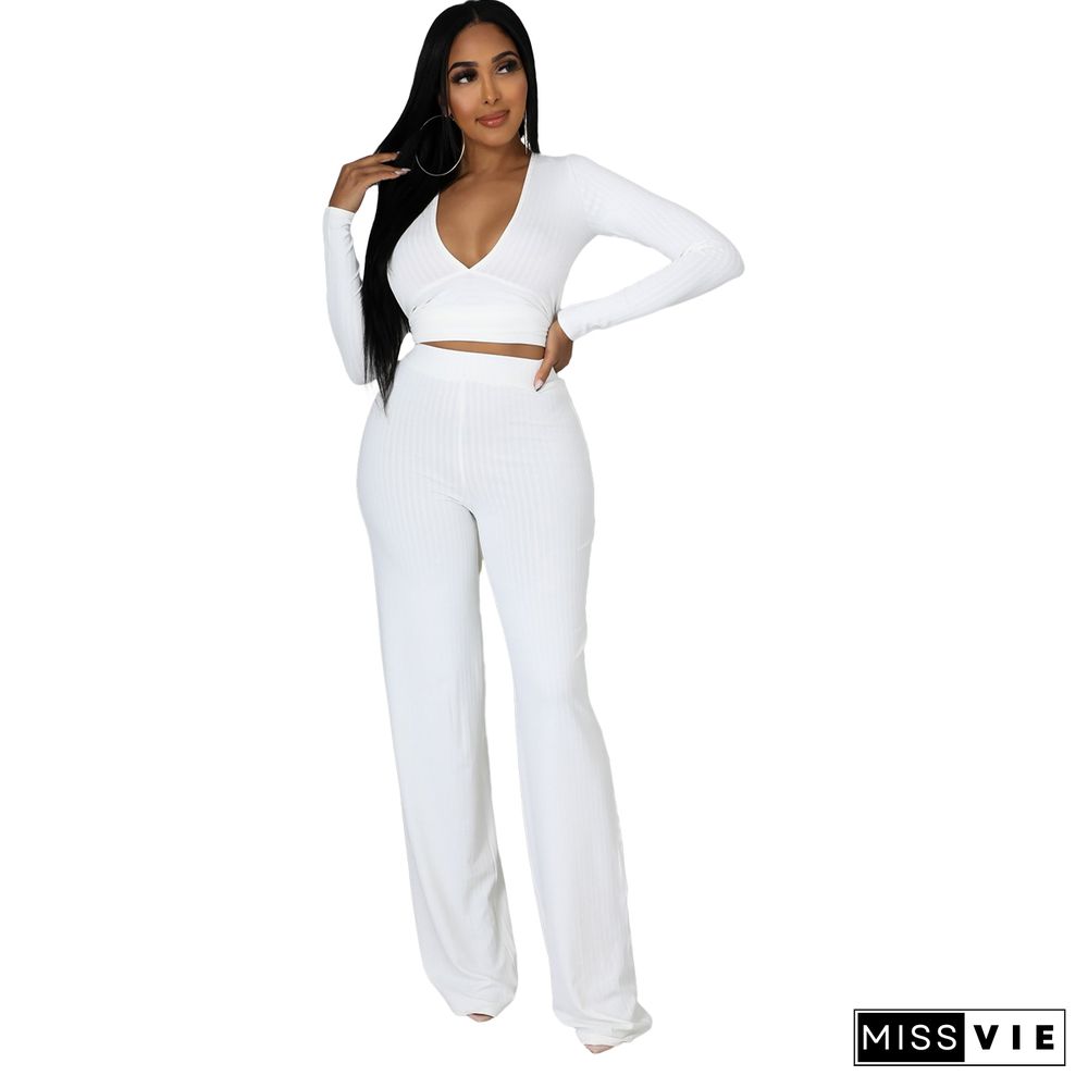 V Neck Irregular Top Straight-leg Pants Set