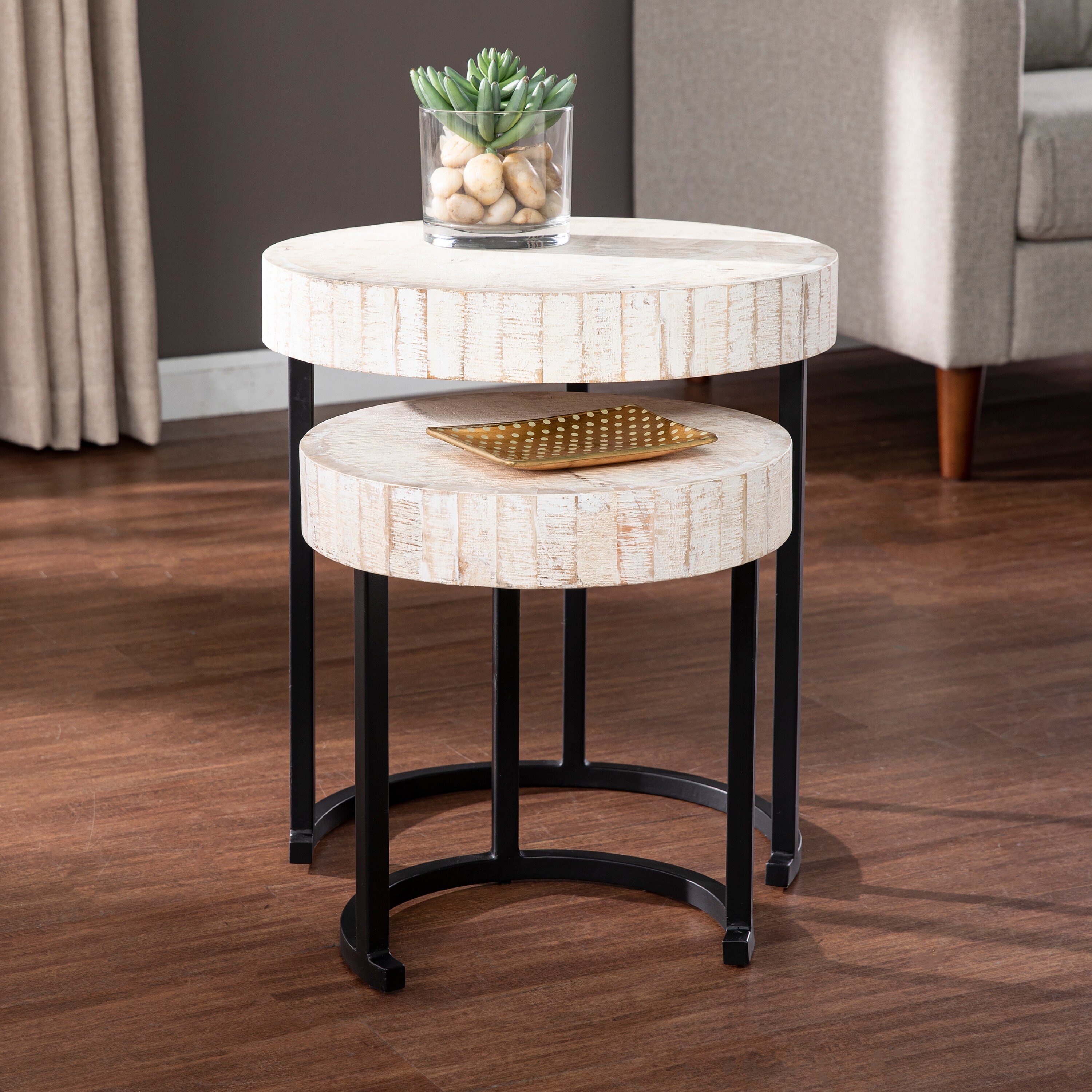 SEI Furniture Karelia Nesting Side Tables， Whitewashed/Black， Set of 2